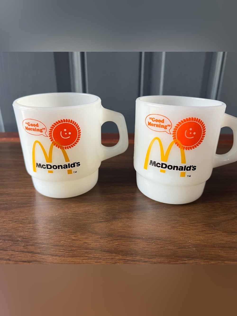 Vintage Pair of Anchor Hocking Fire King McDonald's Good Morning White Mugs